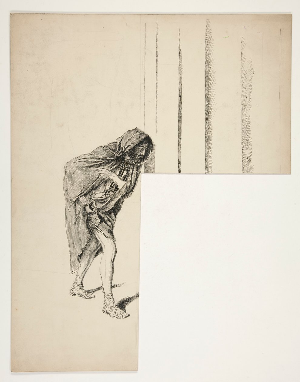 Kävelevä mies viittassa, luonnos tuntemattomasta Shakespearen näytelmästä tekijältä Edwin Austin Abbey