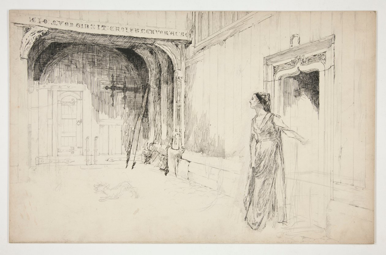 Nainen ja koira sisätiloissa - (tunnistamaton kuvitus näytelmään?) tekijältä Edwin Austin Abbey