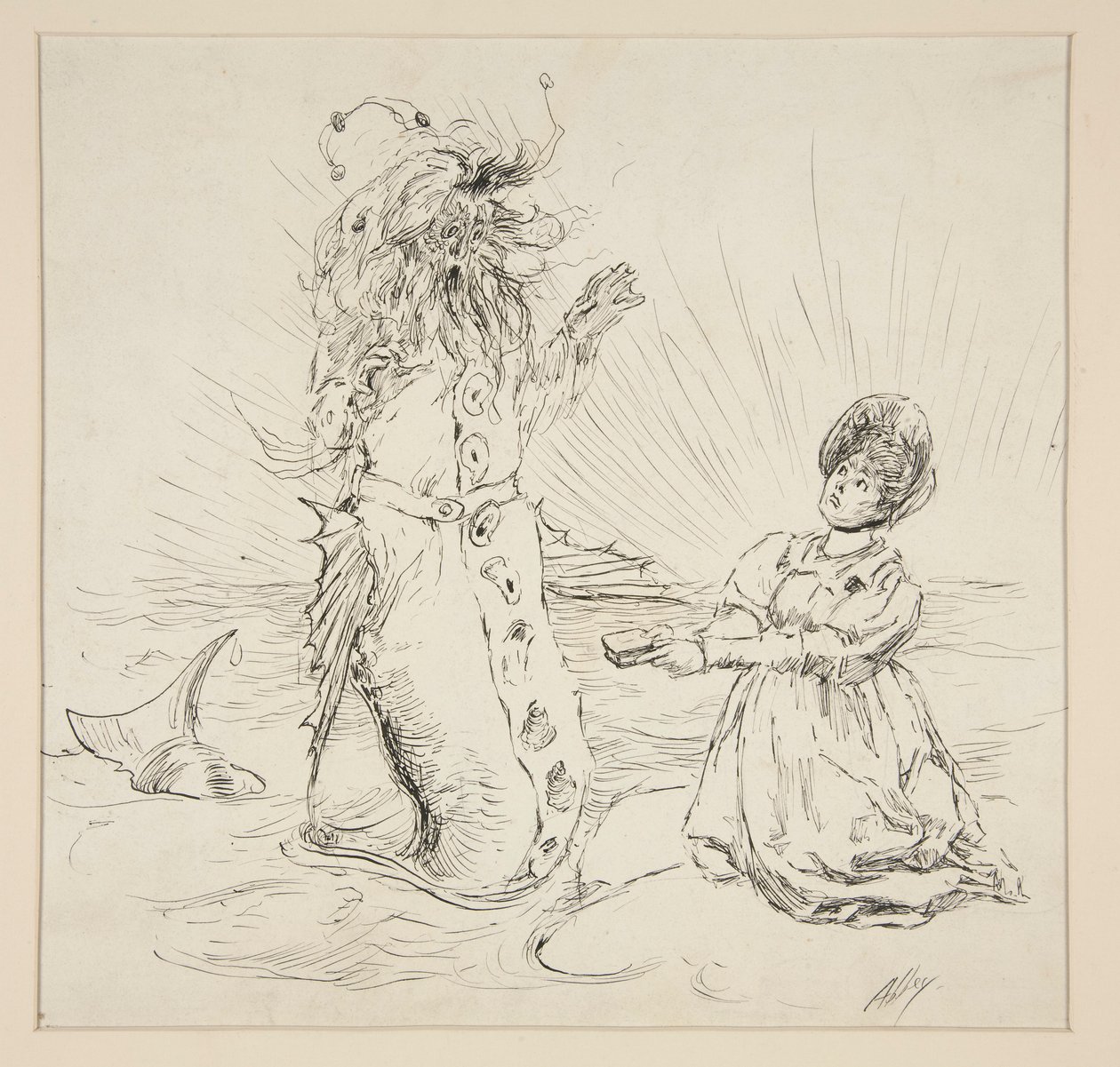 Nainen ja käärme rannalla, luonnos elokuvasta The Lay of the Lobster tekijältä Edwin Austin Abbey