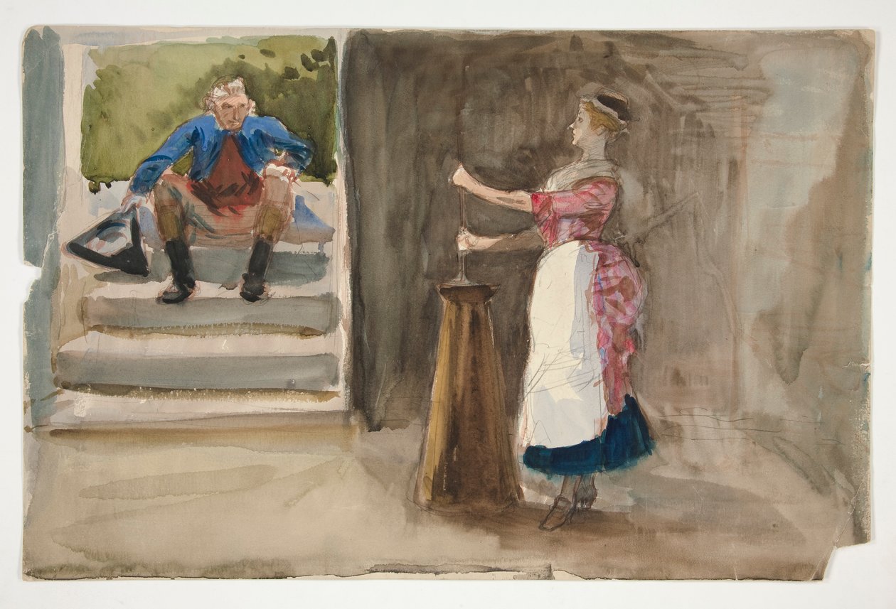 Nainen murskaa voita, mies Vallankumouksellisessa mekossa katsomassa - (tunnistamaton kuva) tekijältä Edwin Austin Abbey