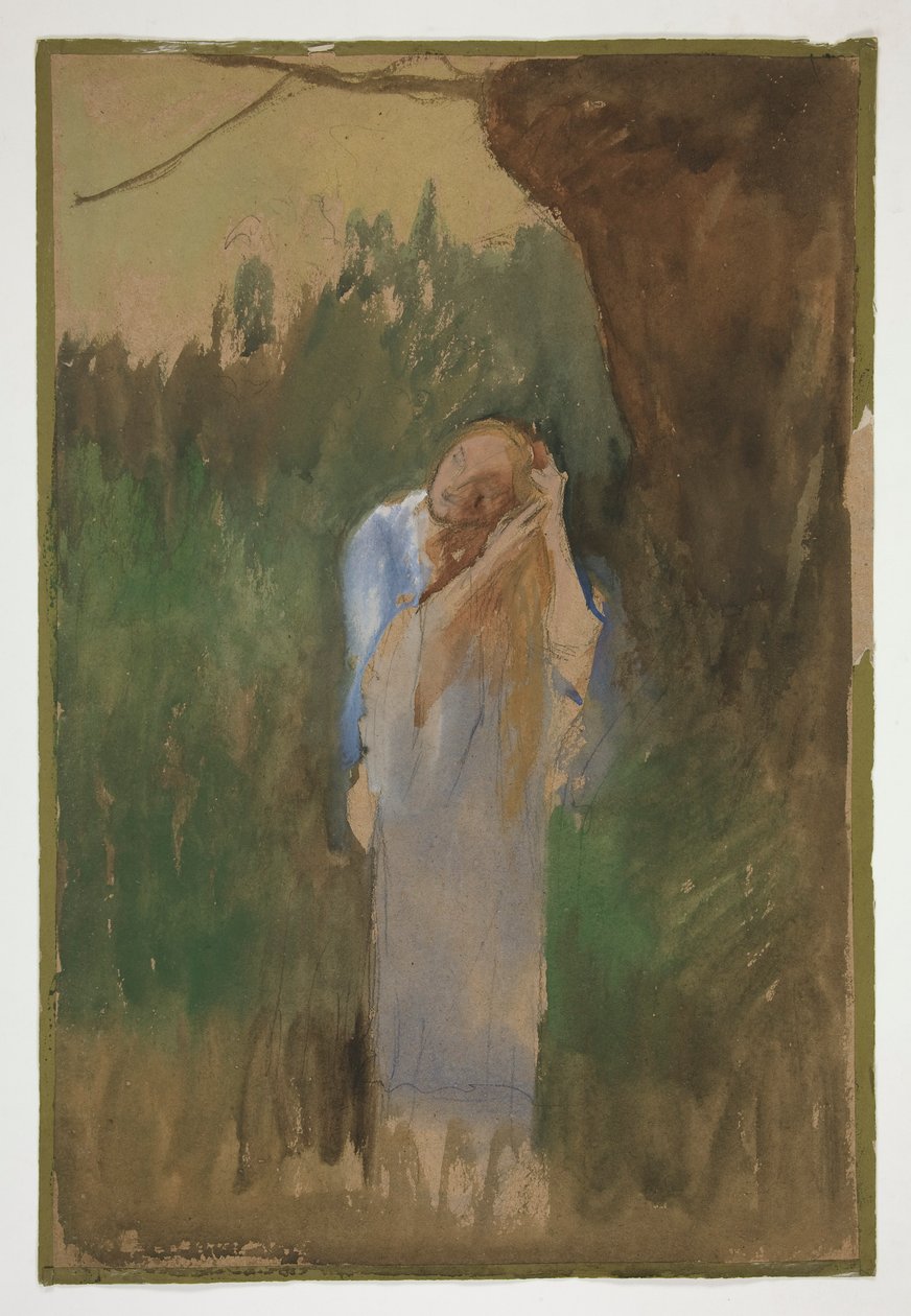 Nainen maisemassa, kampailee pitkiä vaaleita hiuksiaan - (tunnistamaton kuva) tekijältä Edwin Austin Abbey