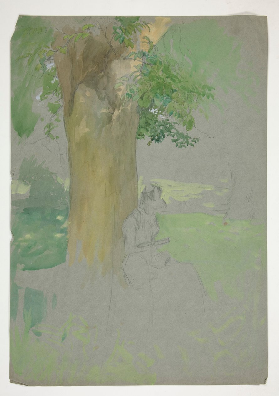Nainen istuu puun alla ja lukee tekijältä Edwin Austin Abbey
