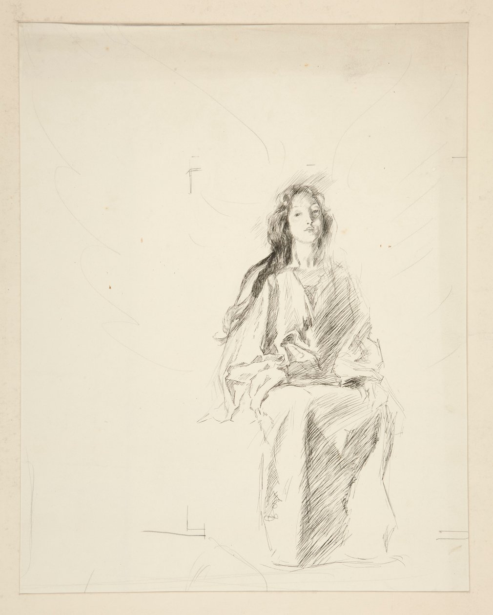 Nainen istuu, luonnos tuntemattomaan Shakespearen näytelmään tekijältä Edwin Austin Abbey