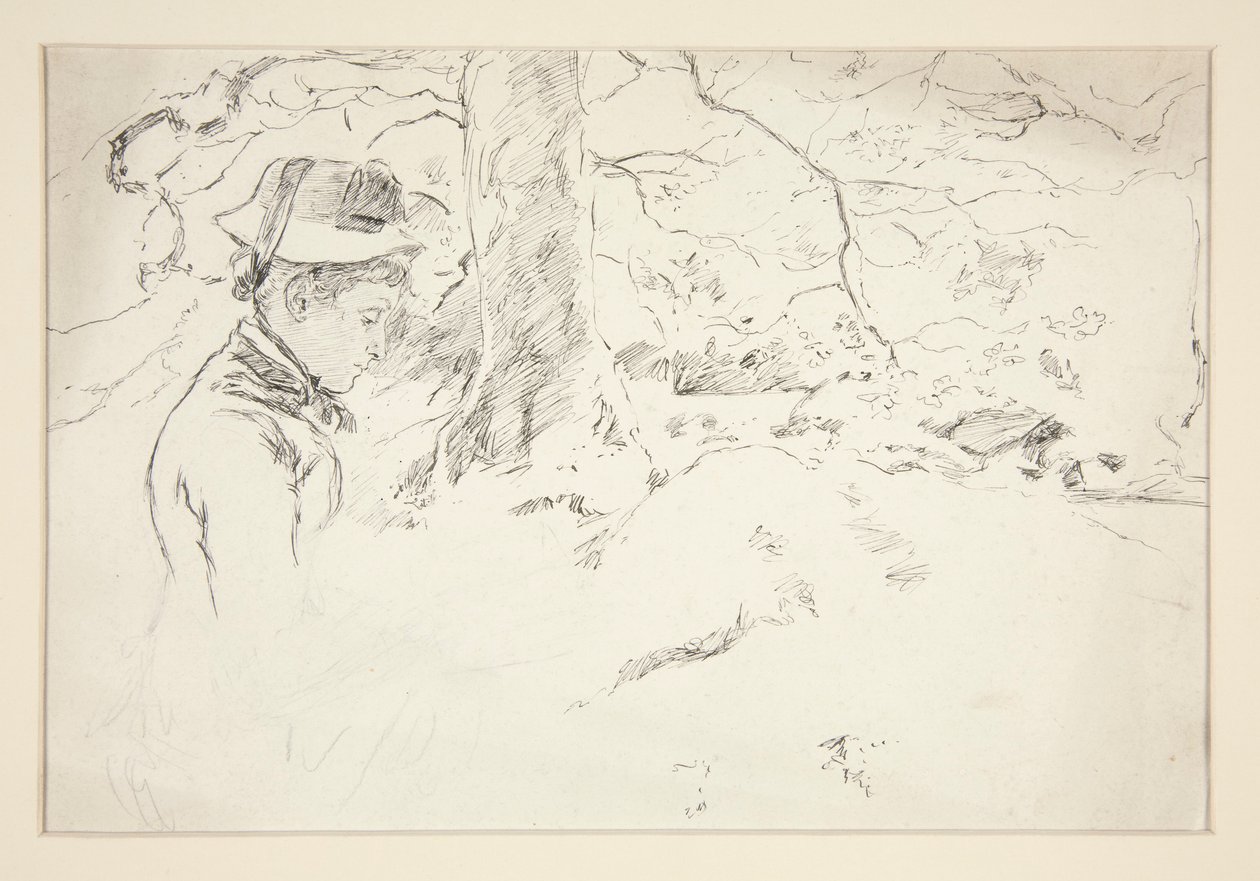 Nainen istuu puutarhassa tunnistamaton kuva tekijältä Edwin Austin Abbey