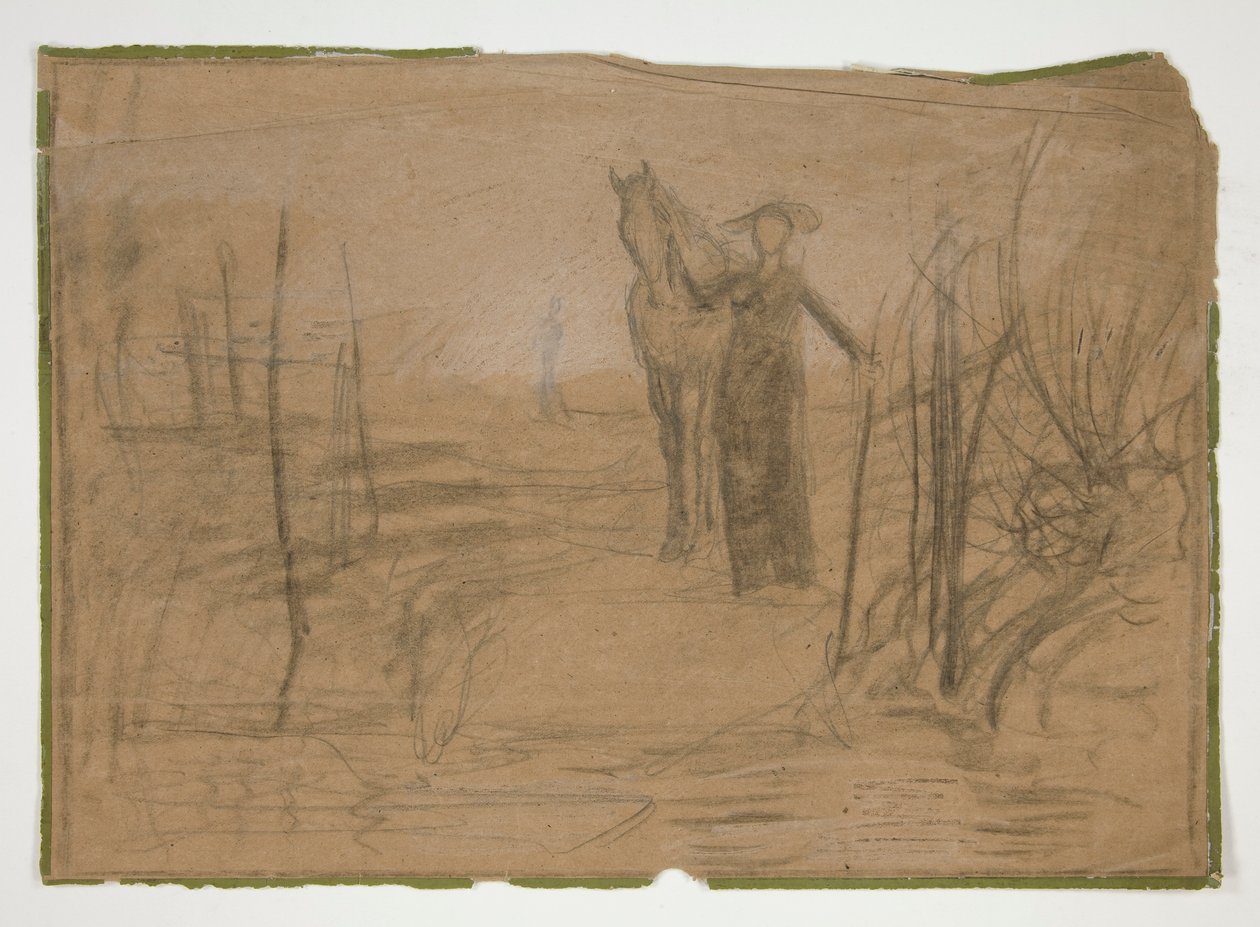 Nainen hevosen kanssa maisemassa - tunnistamaton kuva tekijältä Edwin Austin Abbey