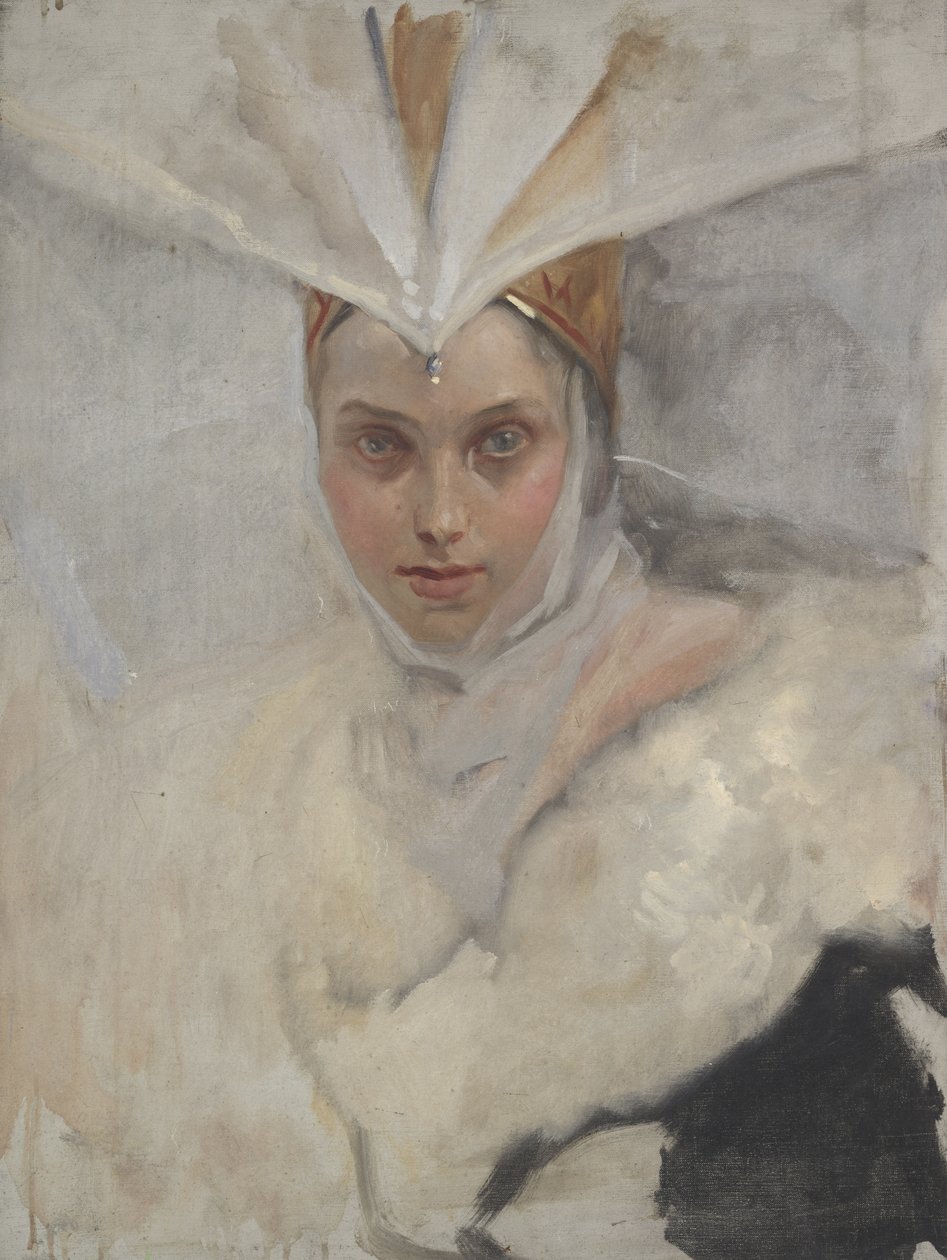 Nainen, jolla on kalasääsken päähine ja valkoinen turkiskaulus, 1897 tekijältä Edwin Austin Abbey