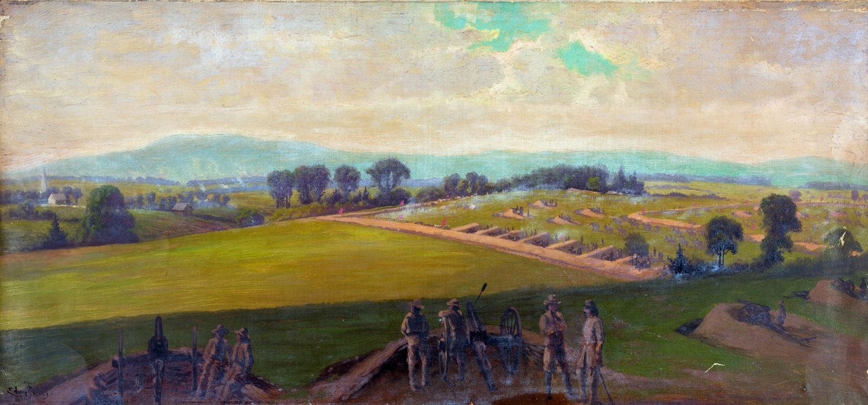 Amerikan sisällissota 1861-1865: Gettysburgin taistelu 1.-3. heinäkuuta 1863. Yhdysvaltain raskaimmat uhrit missään muussa sodassa. "Kenraali Leen komentaman Virginian armeijan viimeinen asema". Öljy. Edwin Forbes (1839-1895) yhdysvaltalainen taiteilija. S tekijältä Edwin Austin Forbes