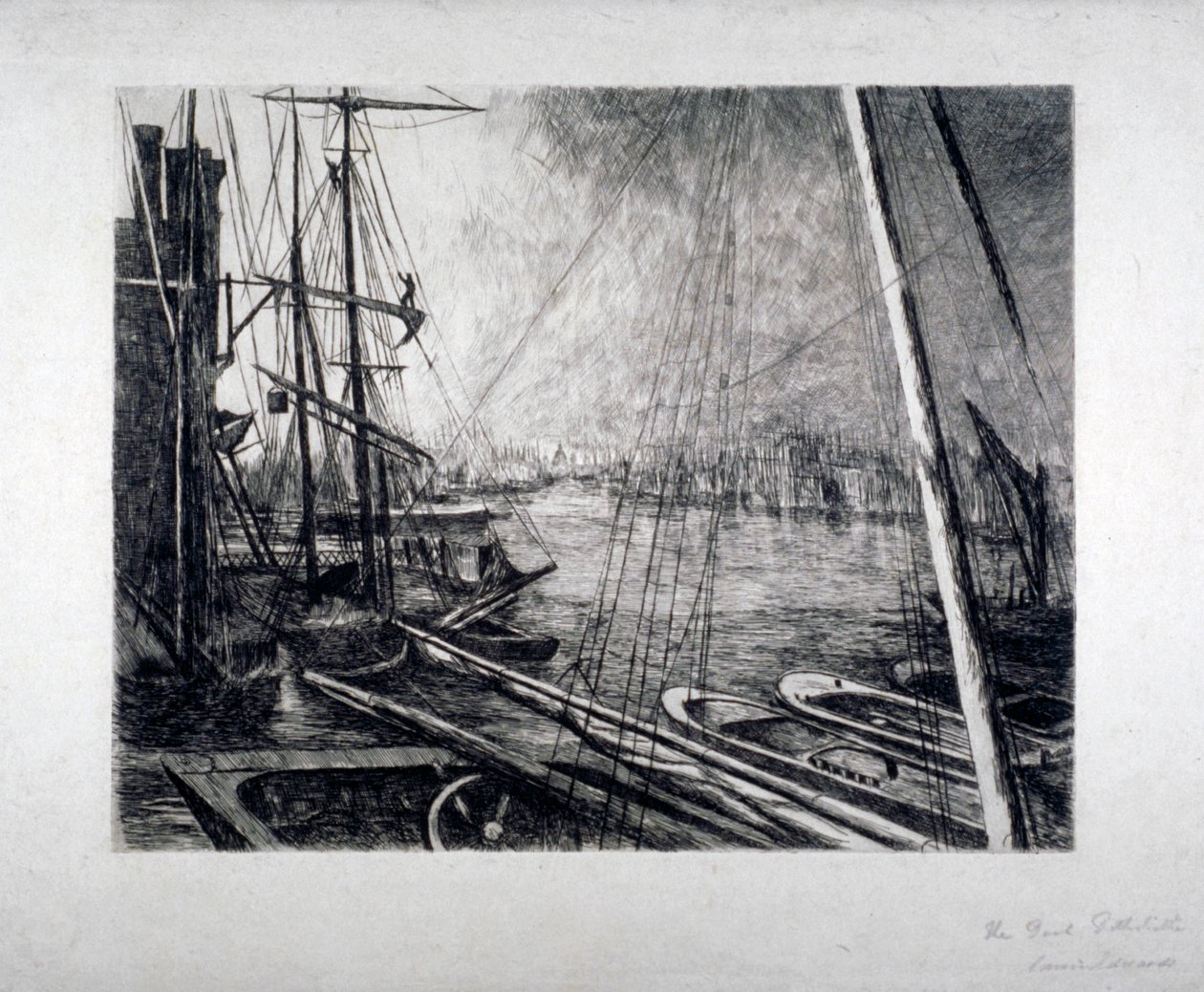 Lontoon uima-allas Rotherhithesta, alukset etualalla, 1890. tekijältä Edwin Edwards