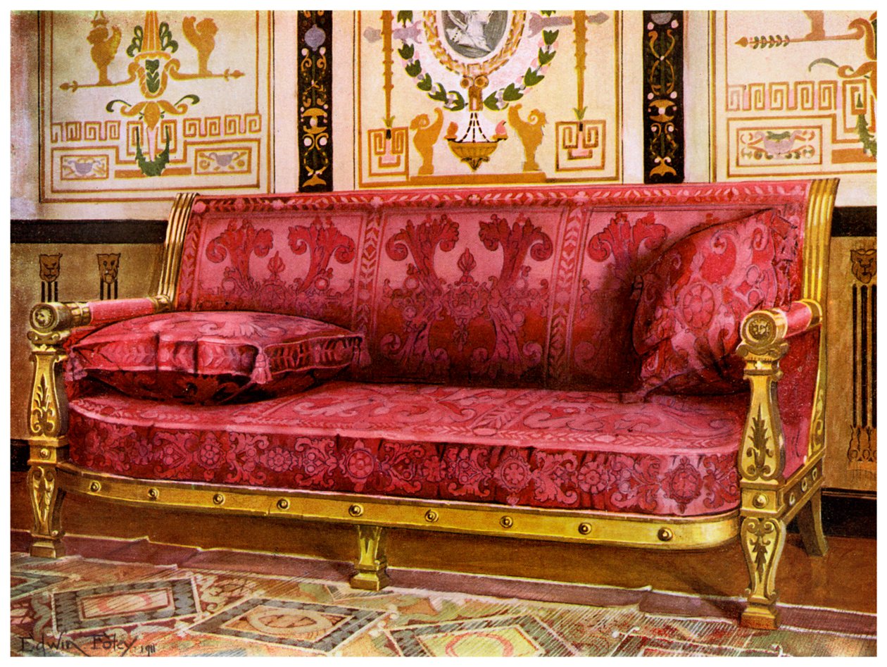 Veistetty kullattu sohva Brocade de Lyonin ruusulla, 1911-1912. tekijältä Edwin Foley