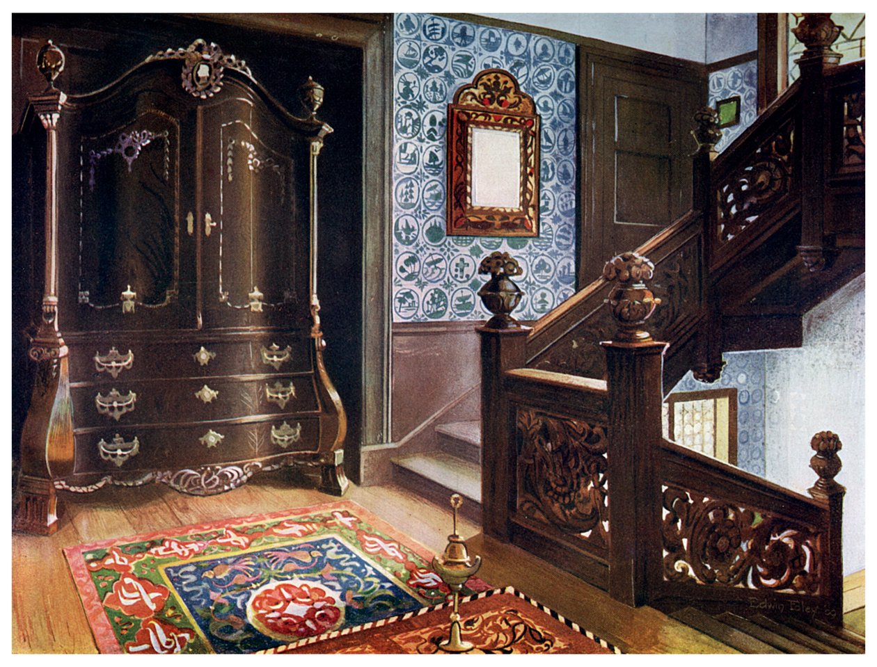 Kaiverrettu saksanpähkinäpommi-kaappi, jossa on kiinnikkeet, 1910. tekijältä Edwin Foley
