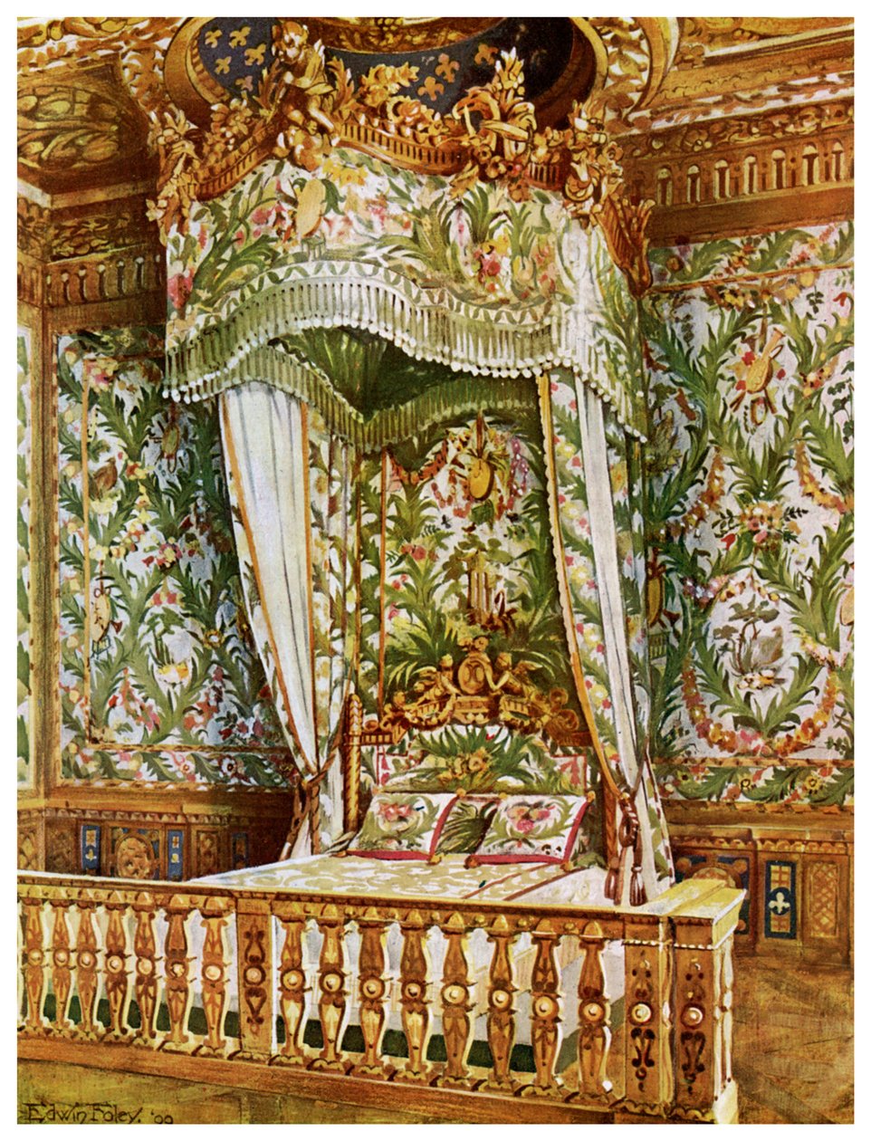 Marie Antoinetten kullattu valtion sänky, Queens Bedroom, Fontainebleaun palatsi, Ranska, 1911-1912. tekijältä Edwin Foley