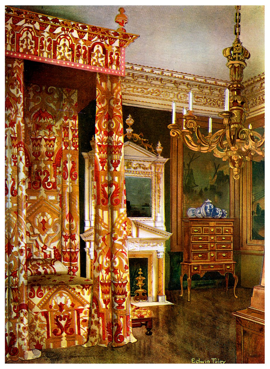 Queen Annes -sänky, lipasto jalustalla ja puinen kynttelikkö, 1910. tekijältä Edwin Foley