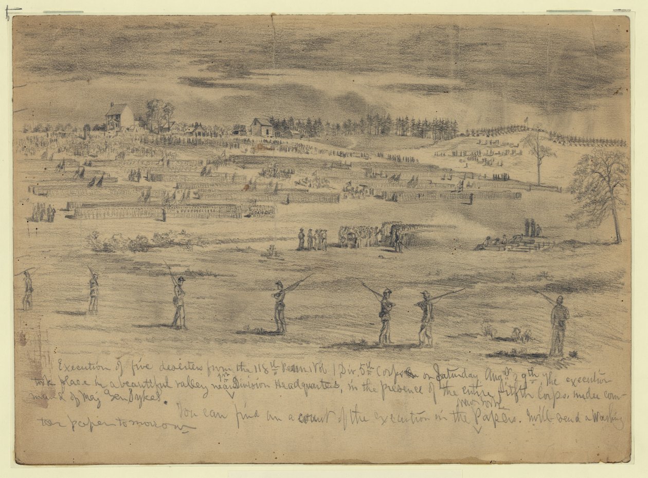 Viiden desertersin teloitus Pennsylvanian 118. vapaaehtoisista, 1. divisioona, 5. joukko, ennen koko 5. joukkoa, Beverly Ford, Va. tekijältä Edwin Forbes