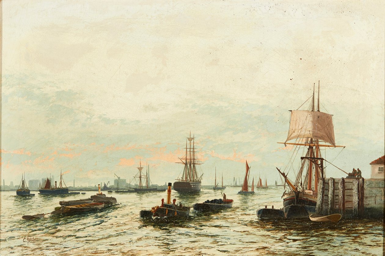 Proomut Thamesilla (öljy kankaalle) tekijältä Edwin Henry Eugene Fletcher