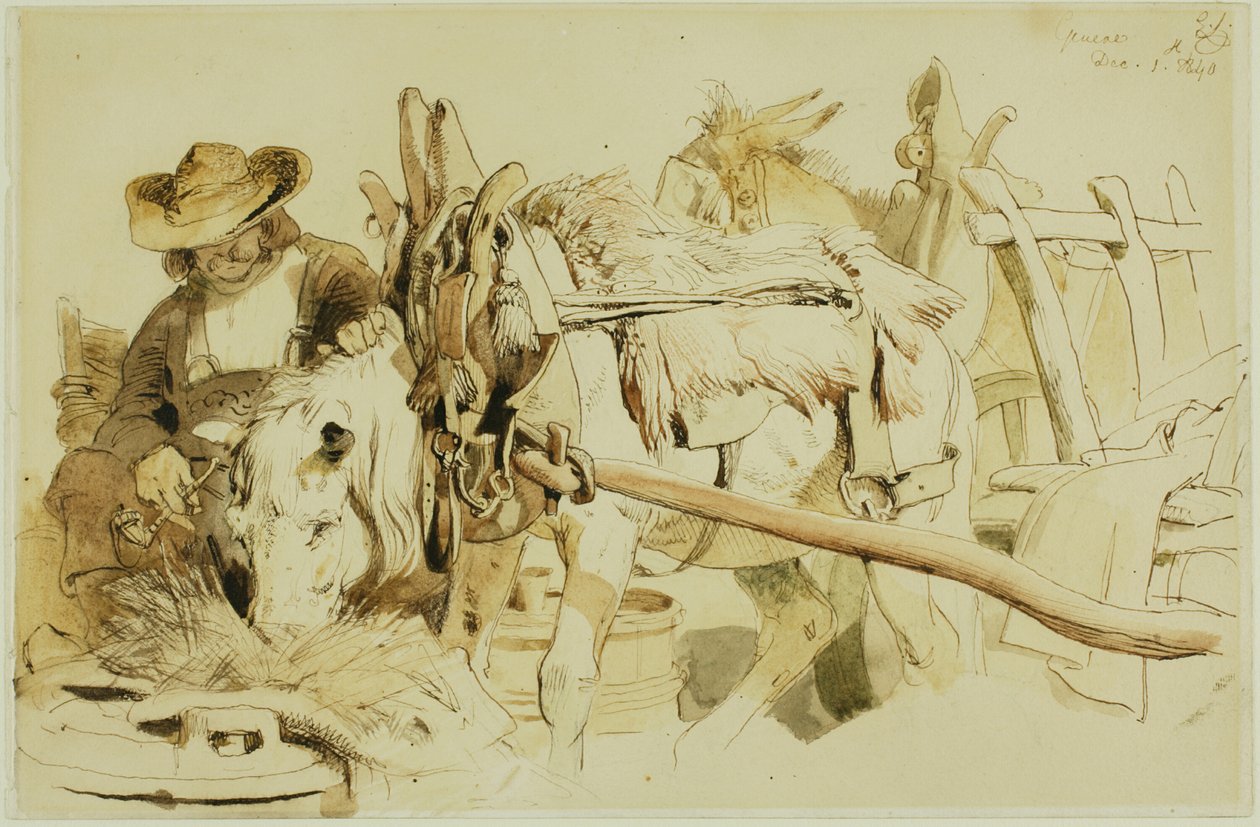 Maanviljelijä ruokkimassa poniaan Genevessä (recto); Istuva munkki (käänteinen) tekijältä Edwin Henry Landseer