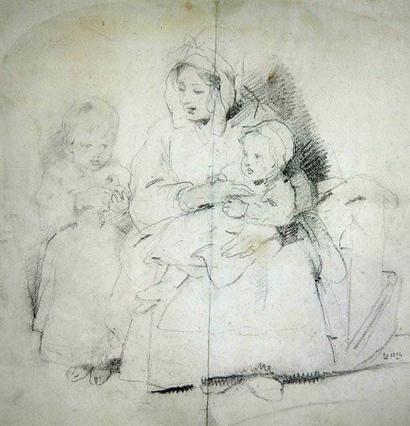 Äiti ja kaksi lasta (kynä paperille) tekijältä Edwin Landseer