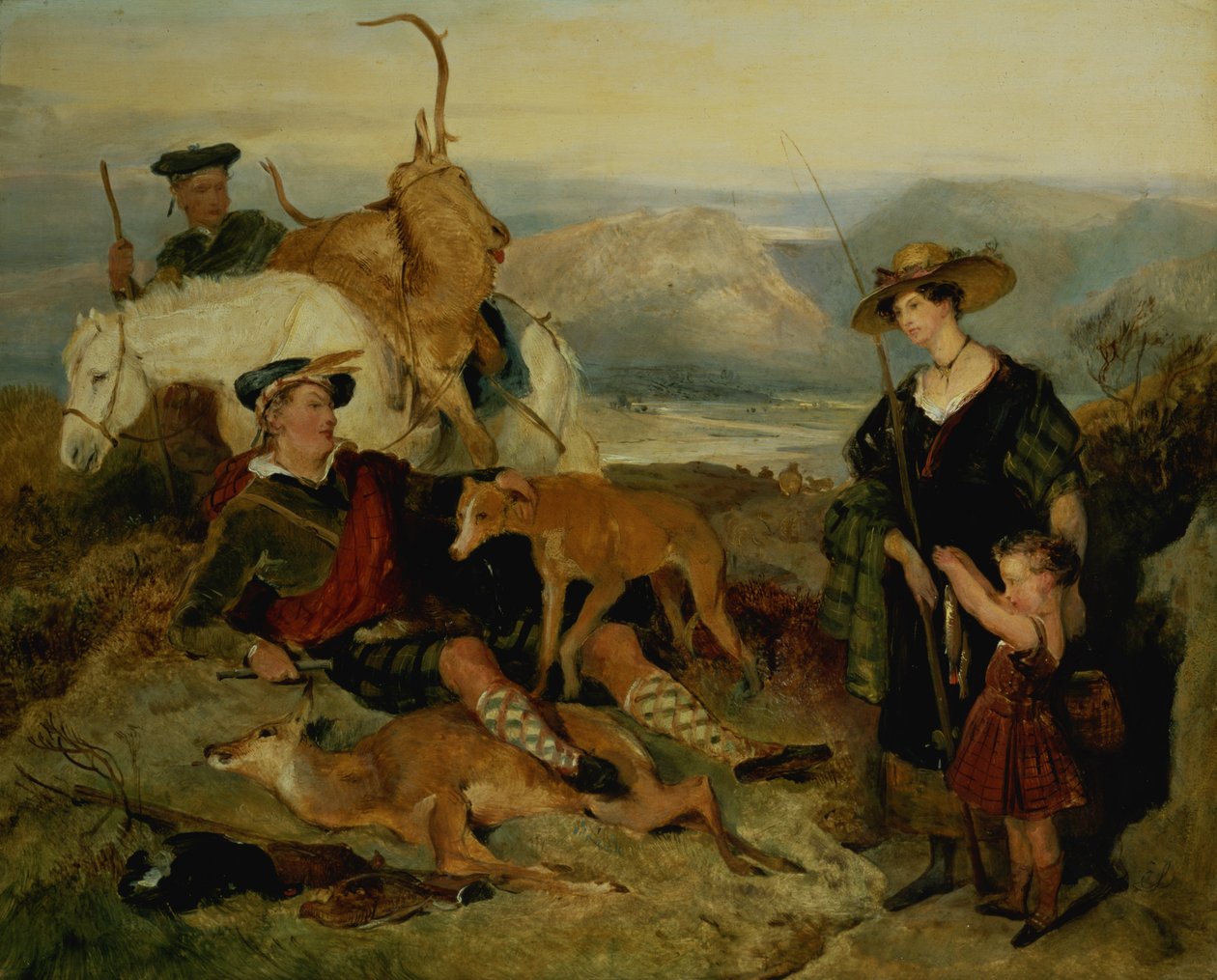 Peurajahti ylämailla, kuvassa Bedfordin herttuatar, Gordonin herttua ja lordi Alexander Russell (paneeli). tekijältä Edwin Landseer