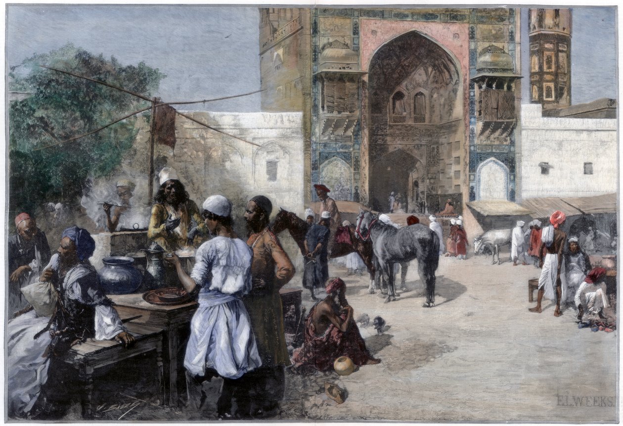 Ulkoilmaravintola Lahoressa, Intiassa, 1880. tekijältä Edwin Lord Weeks
