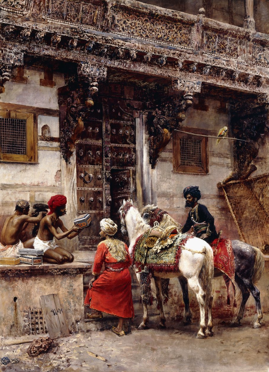 Käsityöläinen myy koteloita tiikkipuurakennuksessa, Ahmedabad, n. 1885 tekijältä Edwin Lord Weeks