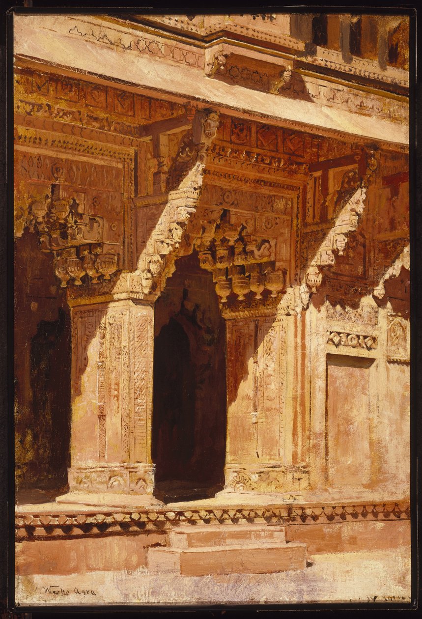 Uteliaasti muotoillut punaiset hiekkakivikaaret, Fort Agra, Intia, n. 1885-1895 tekijältä Edwin Lord Weeks