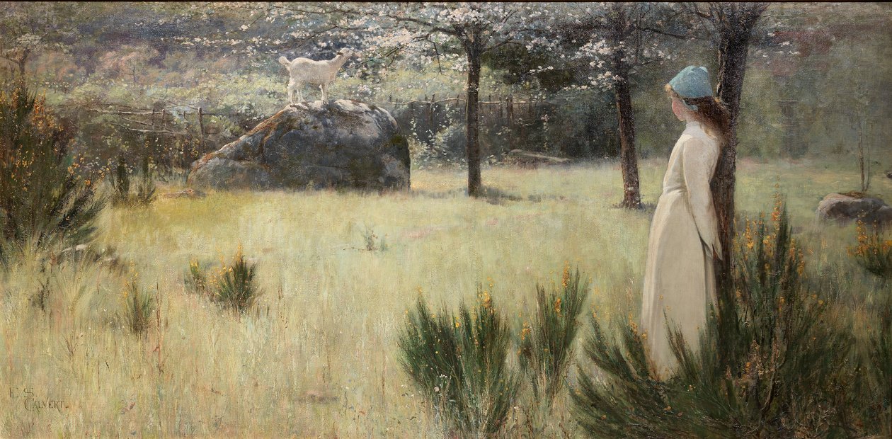 Nuori paimentar ja hänen vuohinsa kevätlaitumella tekijältä Edwin Sherwood Calvert