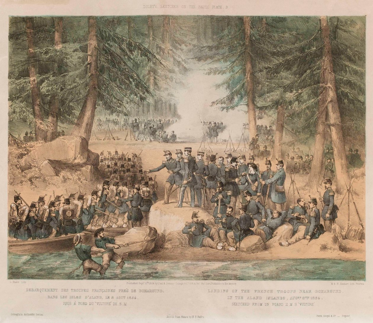 Ranskan joukkojen maihinnousu lähellä Bomarsundia Ahvenanmaalla, 8. elokuuta 1854 (litografia, sävytetty) tekijältä Edwin Thomas (after) Dolby