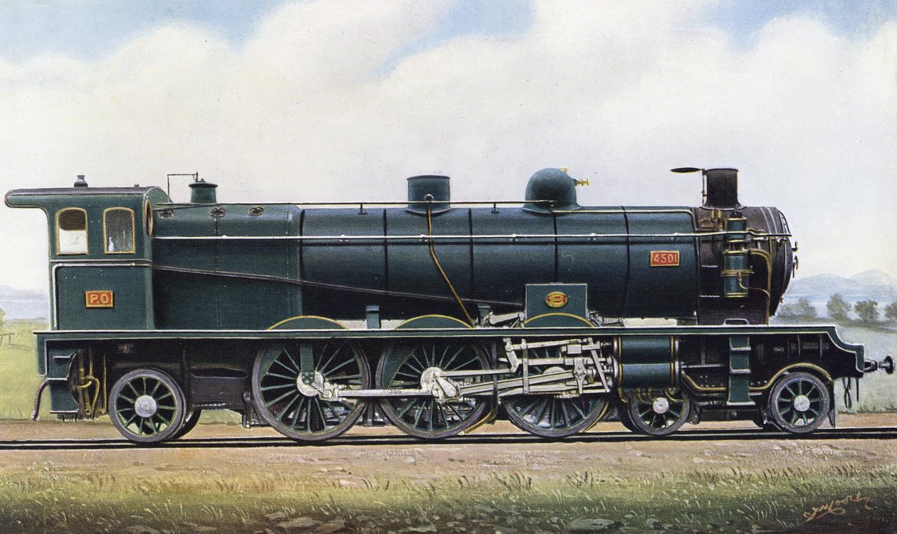 Kahden tasavallan tuote: "Pacific" Type Steam Engine no. 4501, Pariisi - Orleans Railway. 1910 (litho) tekijältä Edwin Thomas Rudd
