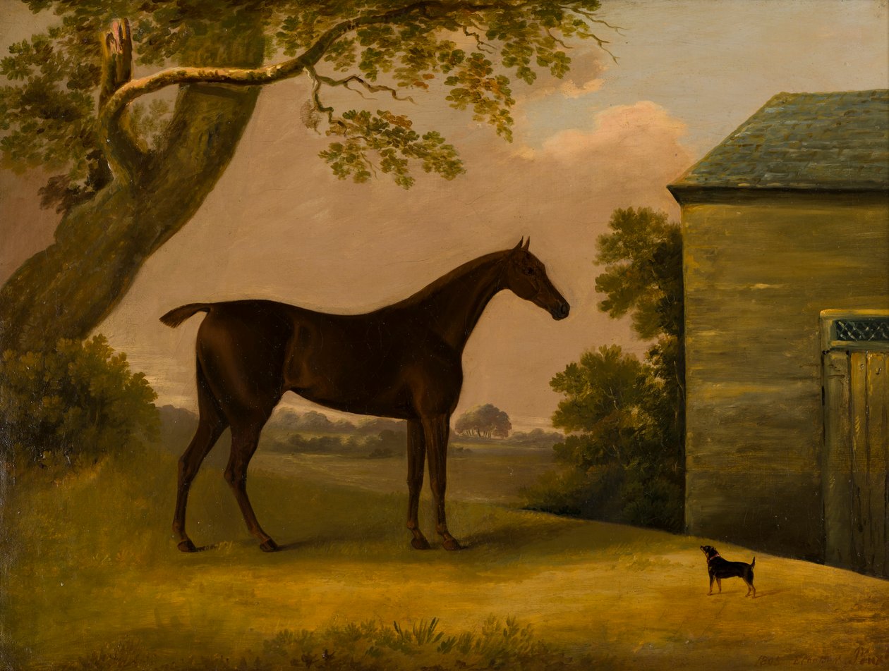 Bay Hunter ja terriori tallin ulkopuolella, n. 1805 (öljy kankaalle) tekijältä Edwin W. Cooper