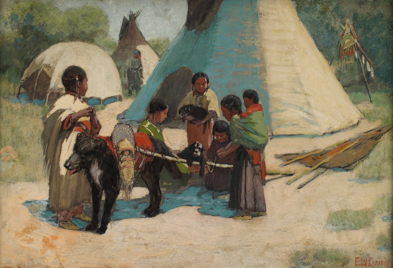 Dog Travois Blackfoot Camp, 1800-luvun loppu - 1900-luvun alku. tekijältä Edwin Willard Deming