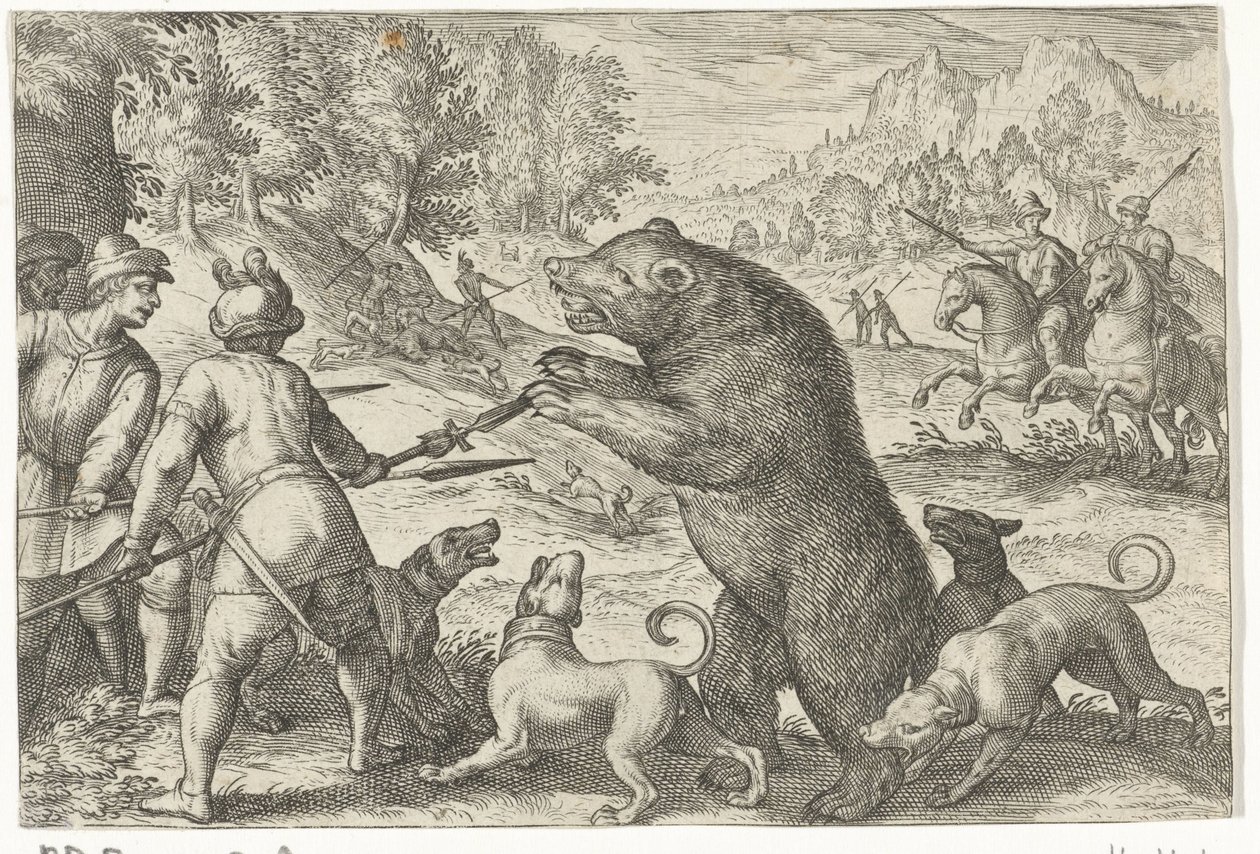 Maisema karhunmetsästyksellä Metsästyskohtaukset (sarjan nimi) Icones Venantum Species Varias Representantes (sarjan nimi) tekijältä Egbert Jansz.