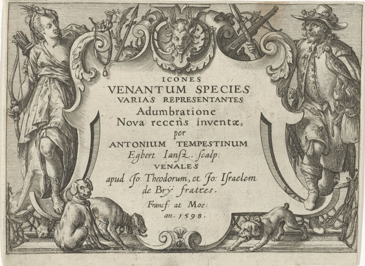 Otsikkoprintti sarjalle, jossa on metsästyskohtauksia Metsästyskohtaukset (sarjan nimi) Icones Venantum Species Varias Representantes (sarjan nimi esineessä) tekijältä Egbert Jansz.