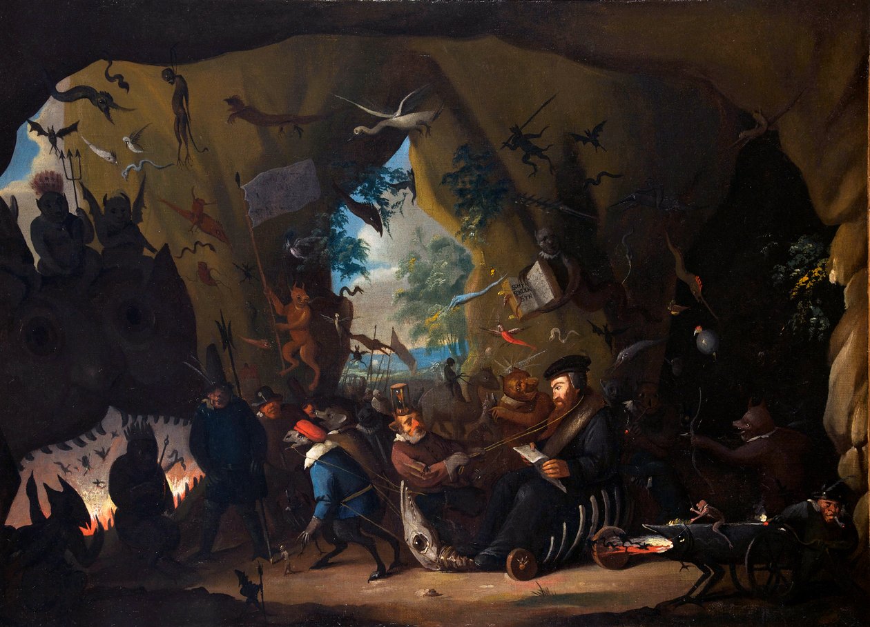 Jean Calvin en enfer - Calvin helvetissä - Jean Calvin ( Calvinus, Cauvin) (1509-1564) ranskalainen uudistaja ja kirjailija - Egbert van Heemskerk II tai nuoremman (1676-1744) maalaus - noin 1705 - Öljy kankaalle - Kansainvälinen museo uskonpuhdistuksen ai tekijältä Egbert van II The Younger Heemskerk