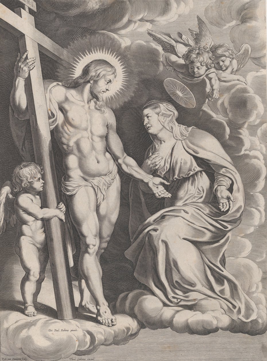 Neitsyen esirukous, polvistumassa pilven päällä aivan Kristuksen edessä, seisomassa..., n. 1610-37. tekijältä Egbert van Panderen