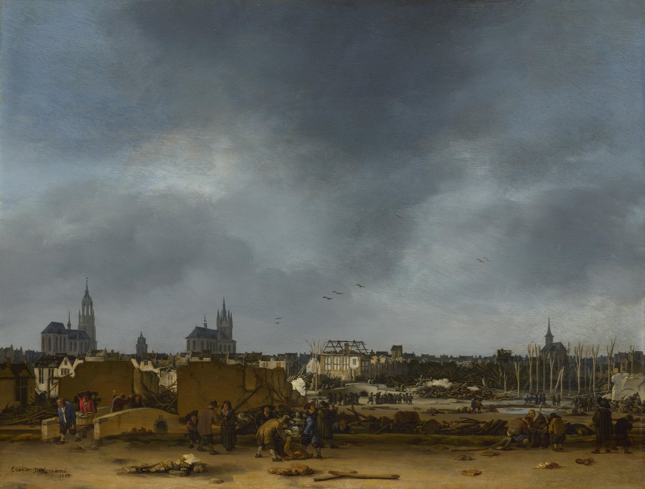 Näkymä Delftiin vuoden 1654 räjähdyksen jälkeen tekijältä Egbert van der Poel