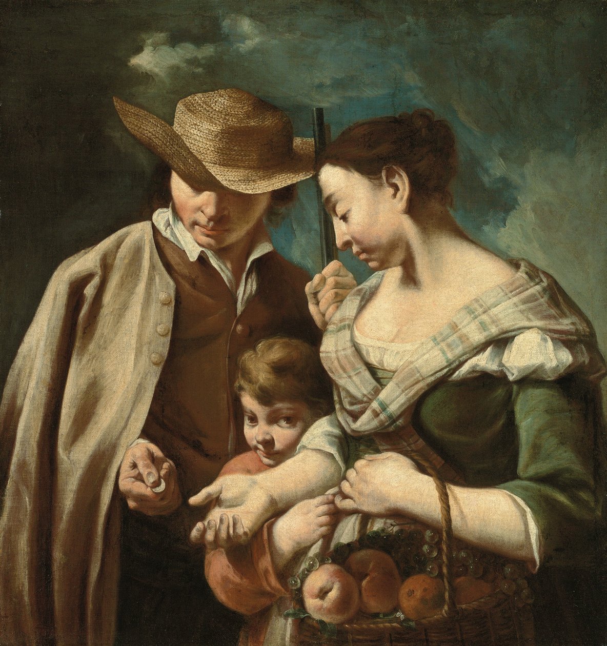 Hedelmämyyjä ja nuori poika, jolla on korillinen persikoita, päärynöitä ja viinirypäleitä, maisemassa, jossa on mies, jolla on ase ja kolikko kädessään, noin 1705-84 (öljy kankaalle). tekijältä Egidio (attr.to) Dall