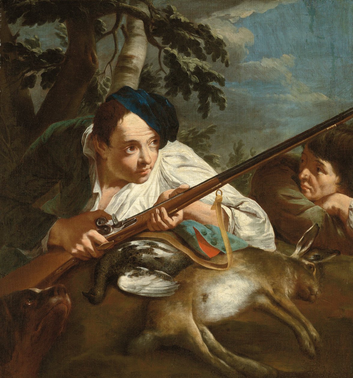 Metsästäjät lepäävät kuolleen riistan kanssa metsäisessä maisemassa, noin 1705-84 (öljy kankaalle). tekijältä Egidio (attr.to) Dall