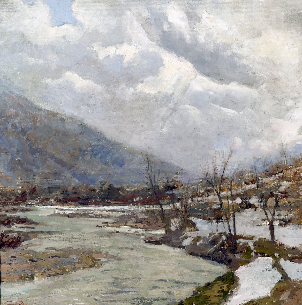 Auringonsäde, maalaus Egidio Riva (1866-1946), öljy kankaalle, 74x74 cm, Italia, 1900-luku tekijältä Egidio Riva