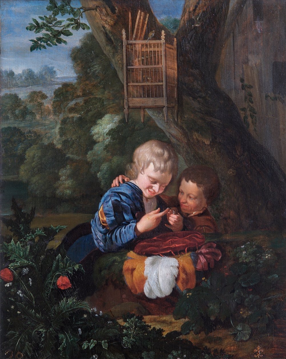 Boys With Trapped Bird (öljy tammipaneelissa) tekijältä Eglon Hendrick van der Neer