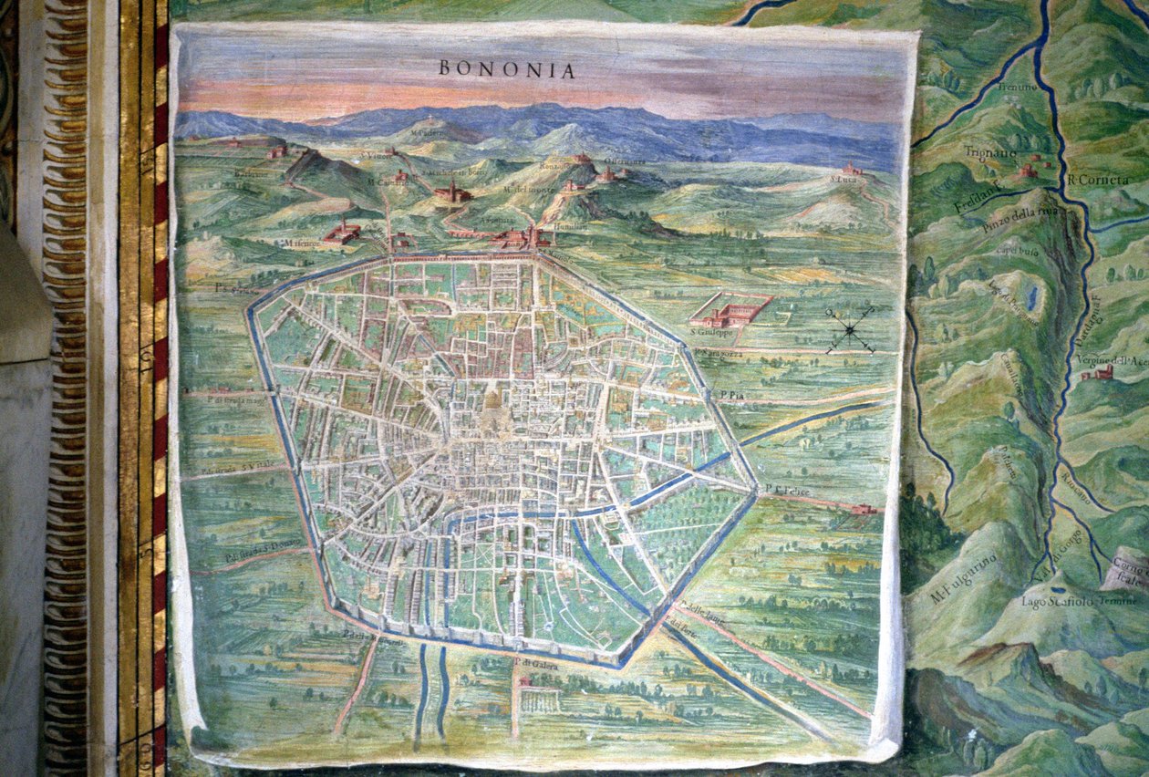 Bologna, yksityiskohta "Maantieteellisten karttojen galleriasta", 1580-83 tekijältä Ignazio Danti