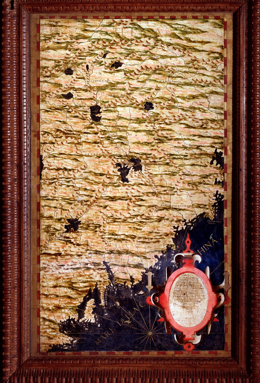 Kiinan kartan on luonut Egnazio Danti (1536-1586) matemaatikko, kosmografi ja italialainen arkkitehti. Noin 1567. Firenze, Palazzo Vecchio, Sala del Mappamondo tekijältä Egnazio Danti