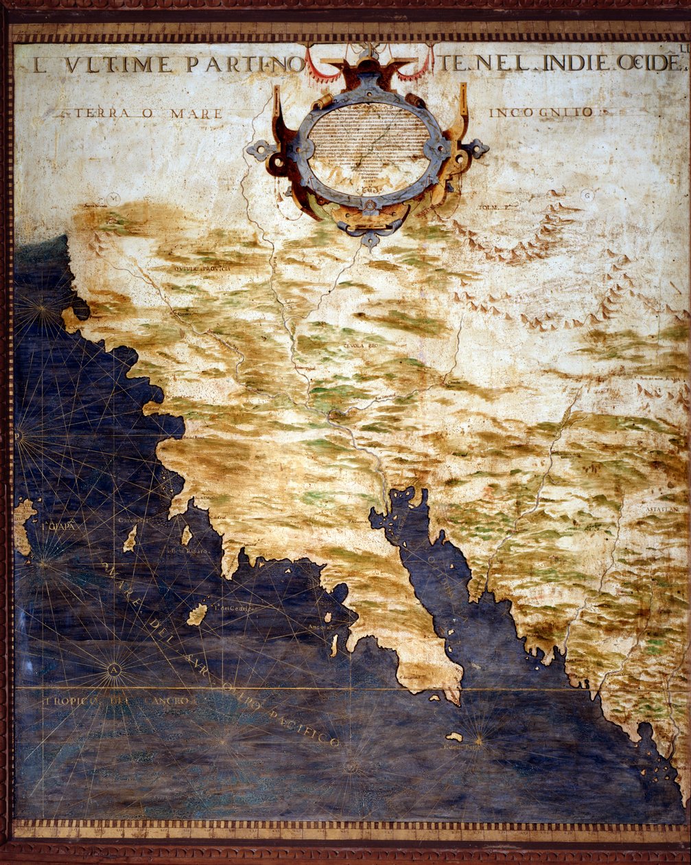 Egnazio Dantin (1536-1586) matemaatikko, kosmografi ja italialainen arkkitehti Kartan Länsi-Intian rajat ja tuntemattomat maat. Noin 1567. Firenze, Palazzo Vecchio, Sala del Mappamondo tekijältä Egnazio Danti