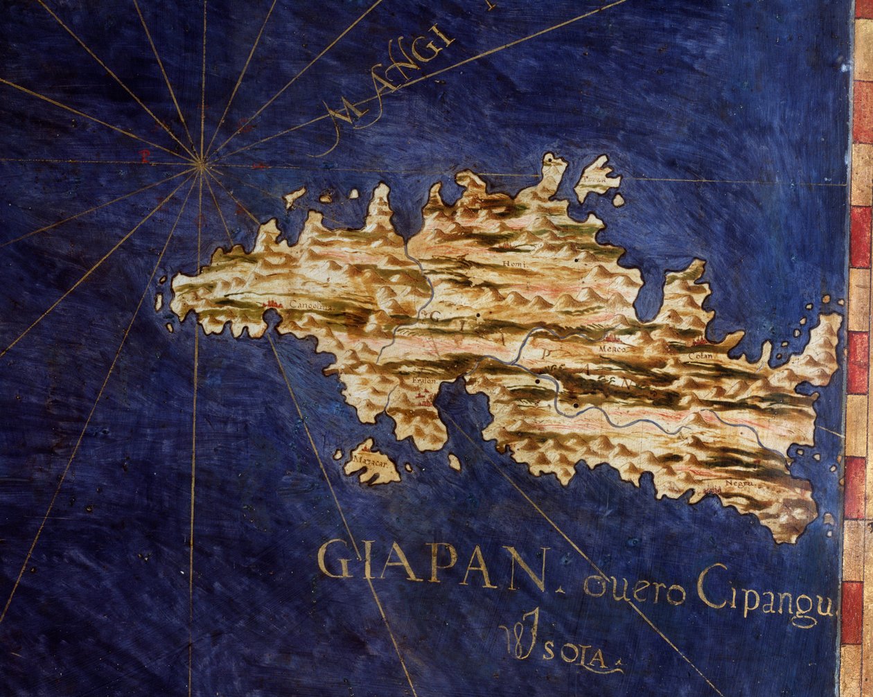 Japani (Cipangu tai Cypango) Kartan teki Egnazio Danti (1536-1586) matemaatikko, kosmografi ja italialainen arkkitehti. Noin 1567. Firenze, Palazzo Vecchio, Sala del Mappamondo tekijältä Egnazio Danti