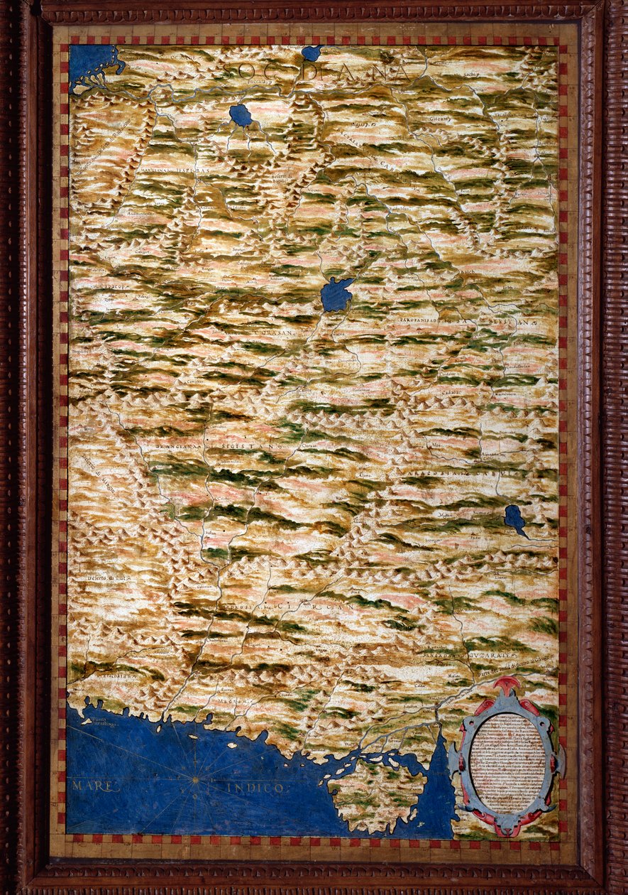 La Sogdiane, alue, joka kattaa osan Uzbekistanista, Tadžikistanista ja Afganistanista. Kartta on laatinut Egnazio Danti (1536-1586) matemaatikko, kosmografi ja italialainen arkkitehti. Noin 1567. Firenze, Palazzo Vecchio, Sala del Mappamondo tekijältä Egnazio Danti