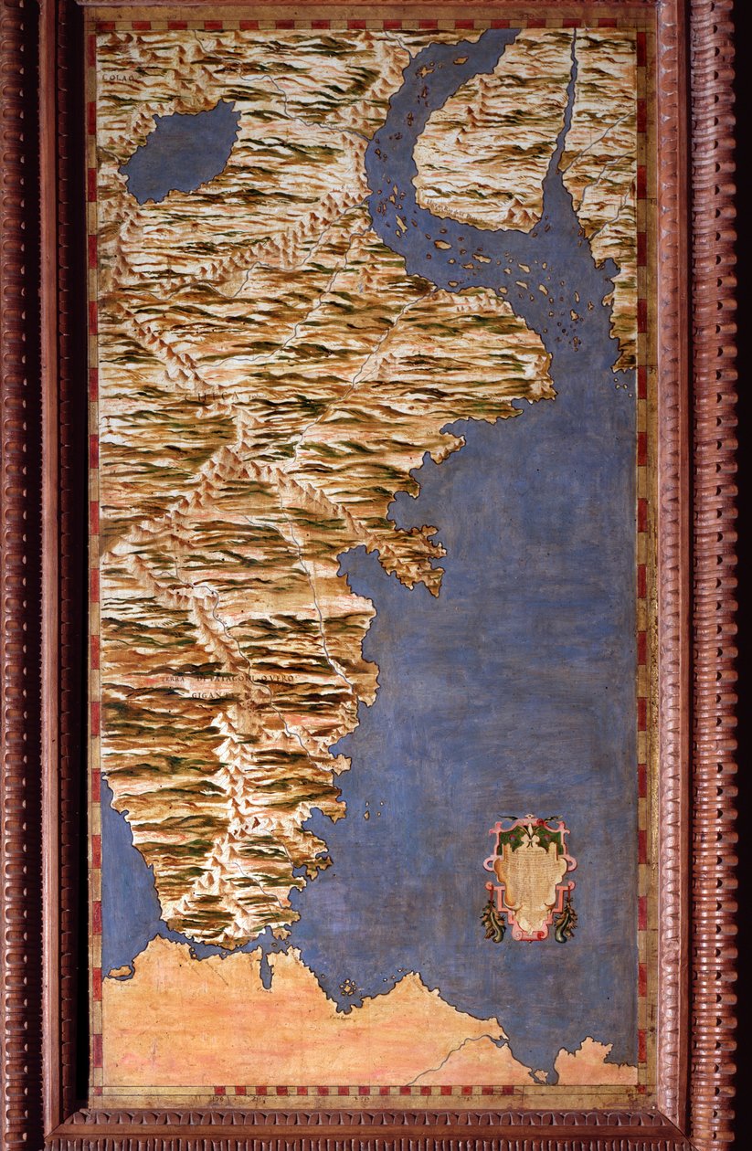 Magellanin Detroitin kartta, jonka on laatinut Egnazio Danti (1536-1586) matemaatikko, kosmografi ja italialainen arkkitehti. Noin 1567. Firenze, Palazzo Vecchio, Sala del Mappamondo tekijältä Egnazio Danti