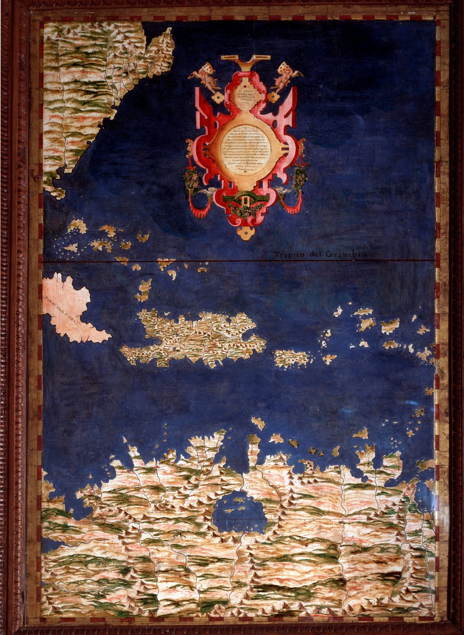 Santo Domingo (Santo Domingo) tai Hispaniola Map, jonka on tehnyt Egnazio Danti (1536-1586) matemaatikko, kosmografi ja italialainen arkkitehti. Noin 1567. Firenze, Palazzo Vecchio, Sala del Mappamondo tekijältä Egnazio Danti