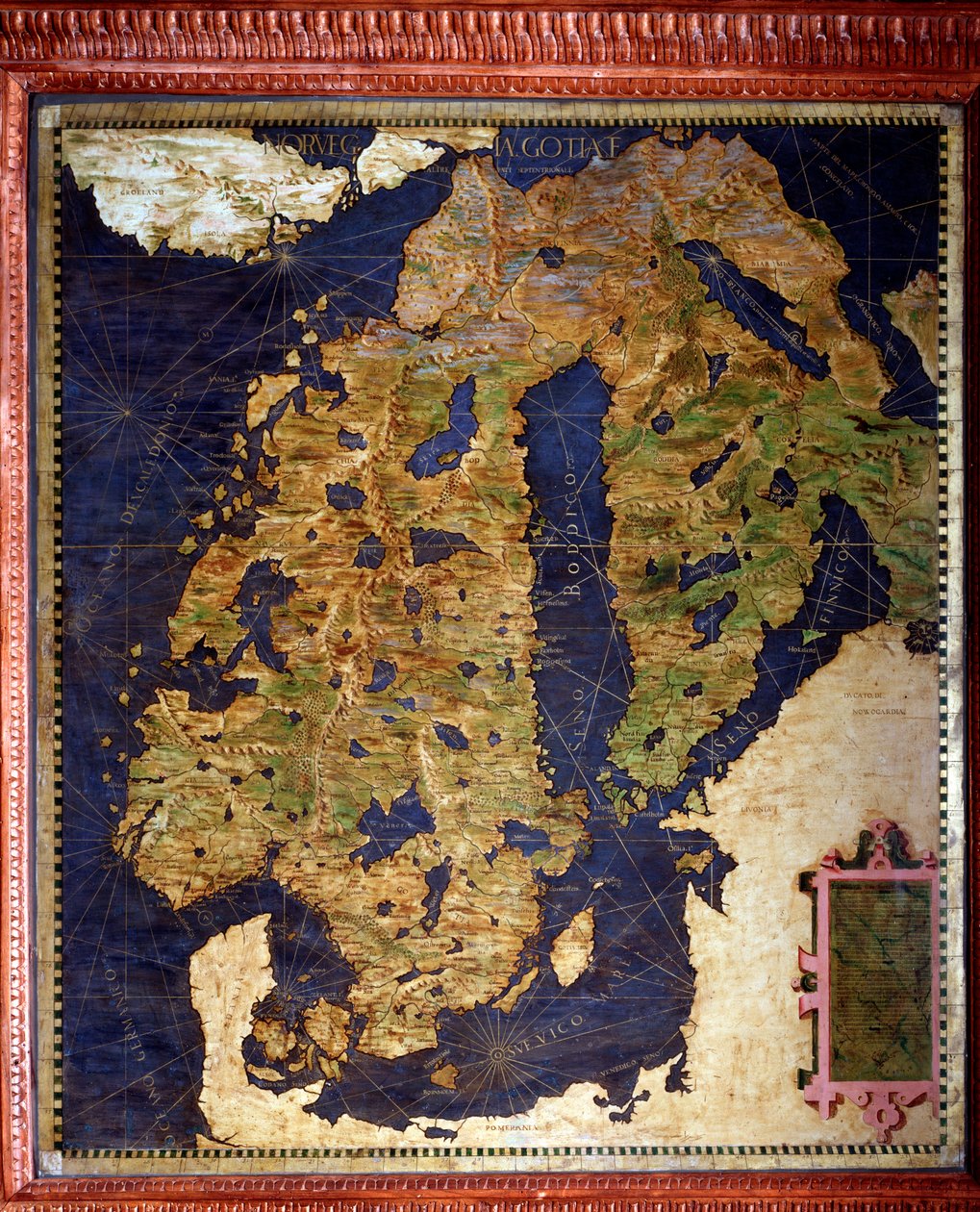 Skandinavia: Norja, Ruotsi, Suomi. Kartan teki Egnazio Danti (1536-1586) matemaatikko, kosmografi ja italialainen arkkitehti. Noin 1567. Firenze, Palazzo Vecchio, Sala del Mappamondo tekijältä Egnazio Danti