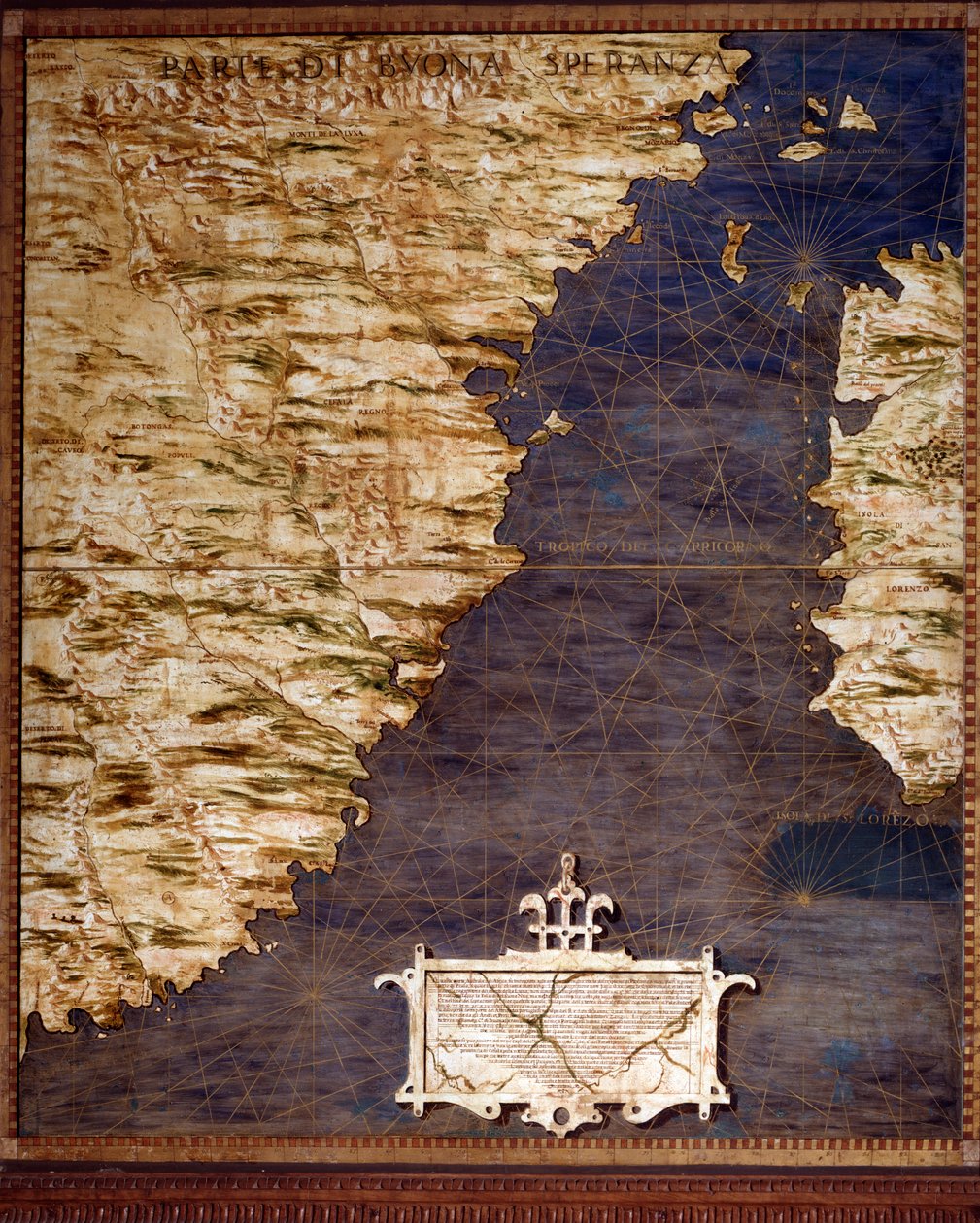 Etelä-Afrikan ja Cape of Good Esperance -kartan teki Egnazio Danti (1536-1586) matemaatikko, kosmografi ja italialainen arkkitehti. Noin 1567. Firenze, Palazzo Vecchio, Sala del Mappamondo tekijältä Egnazio Danti