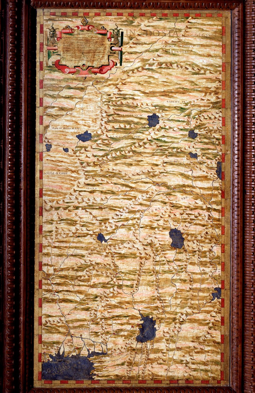 Indostan (Hindustan) Ganges Carten huipulla, jonka on tuottanut Egnazio Danti (1536-1586), matemaatikko, kosmografi ja italialainen arkkitehti. Noin 1567. Firenze, Palazzo Vecchio, Sala del Mappamondo tekijältä Egnazio Danti