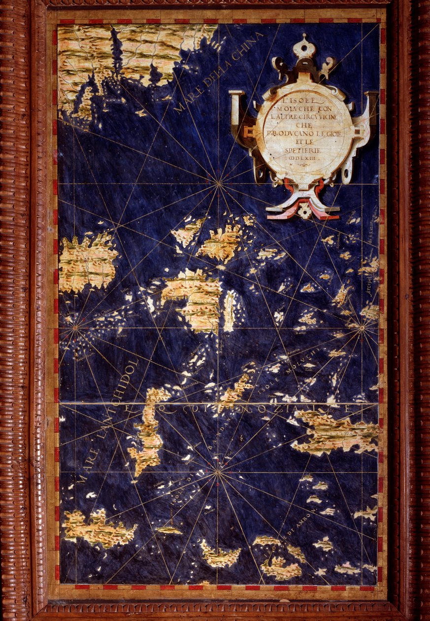 Egnazio Dantin (1536-1586) matemaatikko, kosmografi ja italialainen arkkitehti Molukkisaarten kartta. Noin 1567. Firenze, Palazzo Vecchio, Sala del Mappamondo tekijältä Egnazio Danti