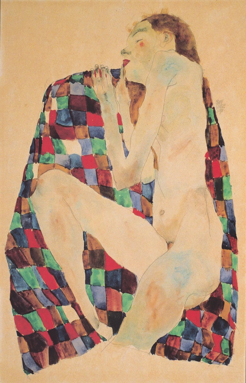 Weiblicher Akt auf kariertem Tuchl tekijältä Egon Schiele